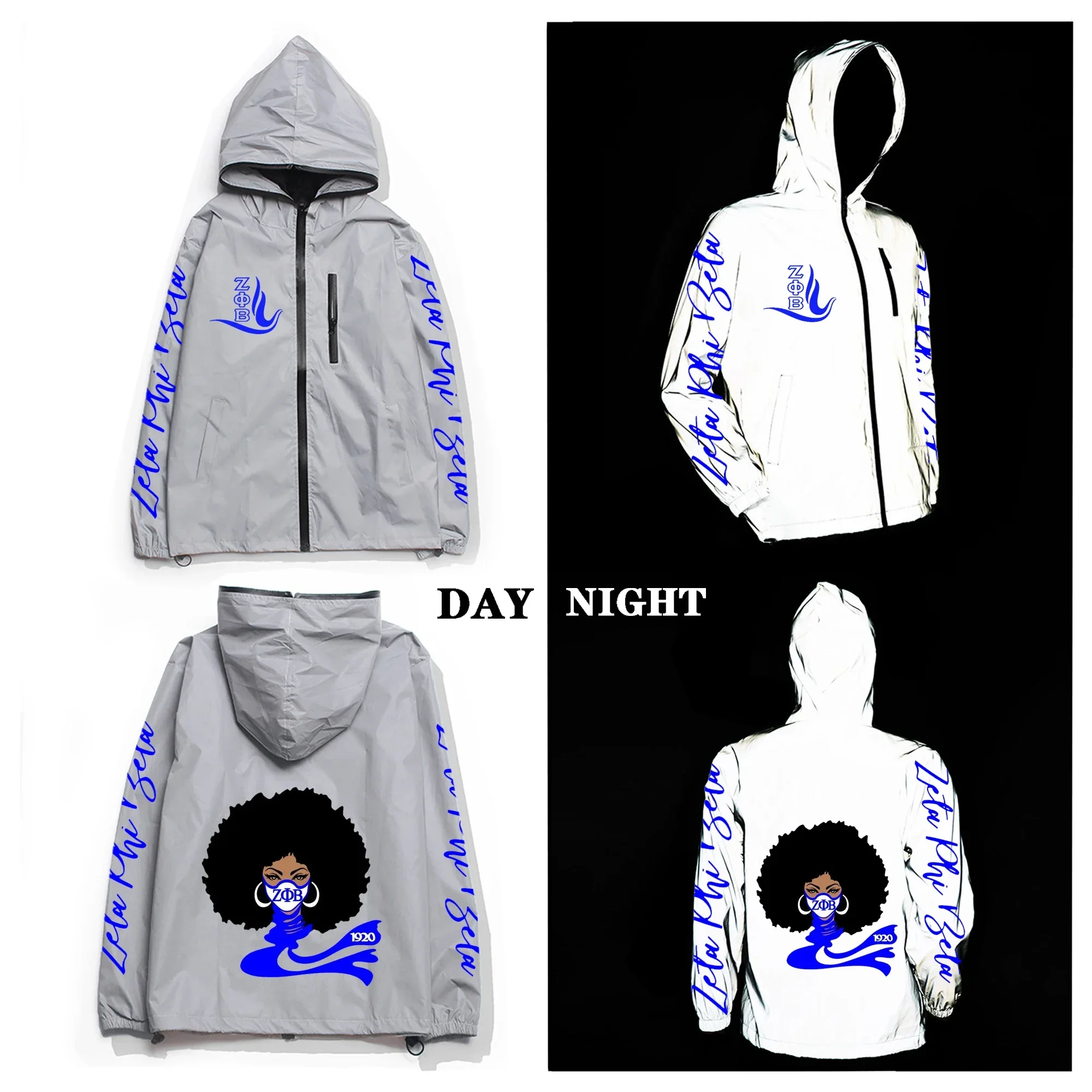 

Zeta Phi Beta Reflective Jacket Mens Womens Coat Hooded Windbreaker Run Pocket Jackets Cycling Hiking Zipper Custom Hoodie