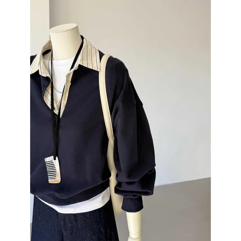 Women's Polo Collar Hoodies, Fake Two Pieces Tops, Casual Style, 2025 Long Sleeve