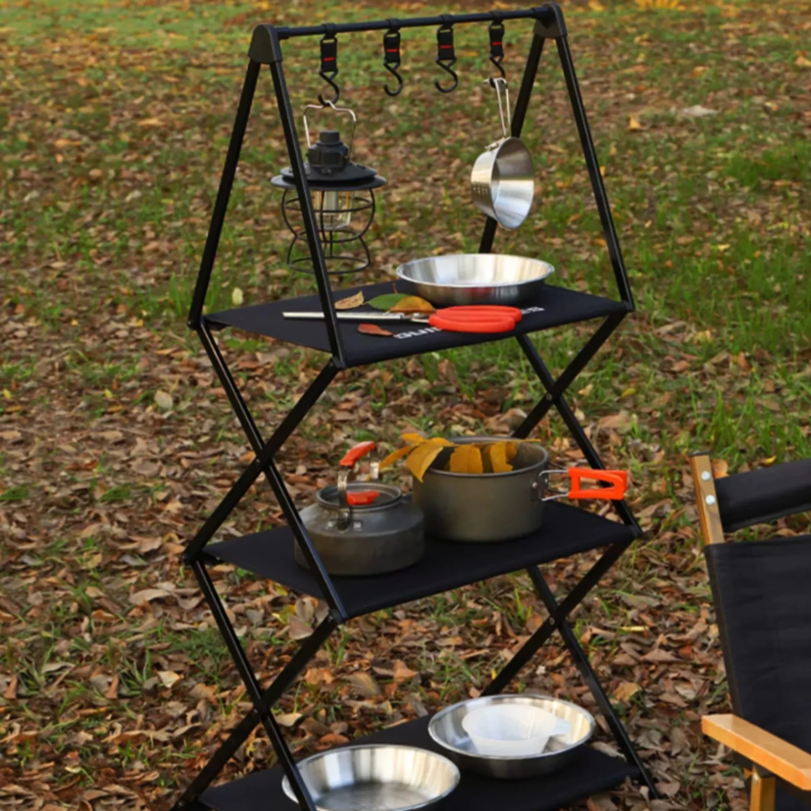 

Folding Multi-Tier Rack Portable Folding Camping Shelf Outdoor Gear Sturdy Metal Frame