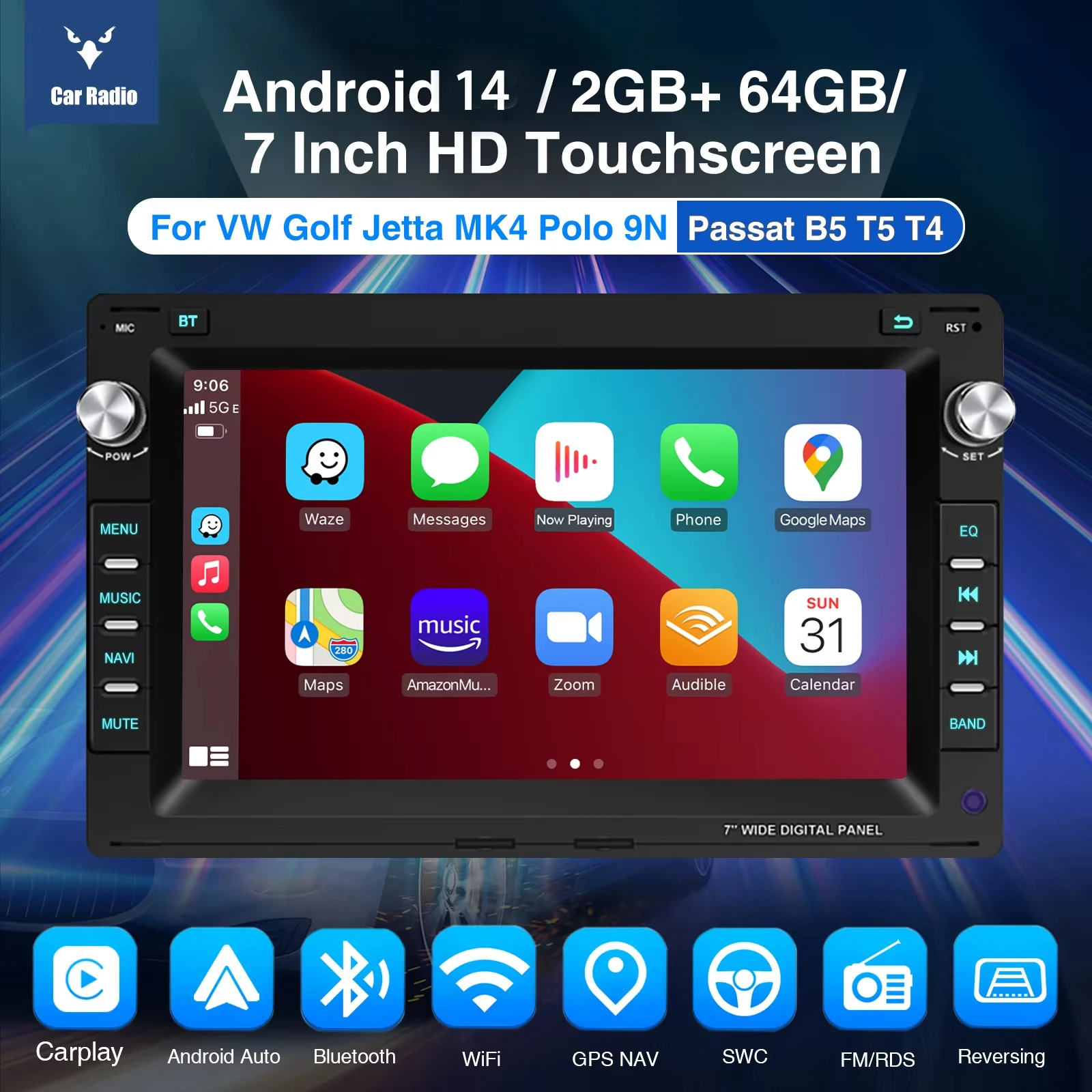 ESSGOO 2+64G 14 7" Car Stereo Radio GPS Navigation For VW Polo Jetta Golf 4 Polo Passat B5 T5 Carplay Android Auto BT Wifi RDS