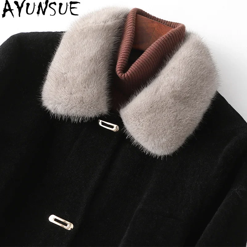 AYUNSUE Winter Mink Fur Collar 100% Sheep Shearling Coat Female 2021 Elegant Real Wool Jackets Women Clothes Casaco Feminino