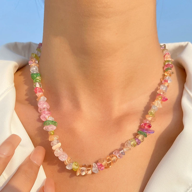 Bohemia Handmade Colorful Crushed Stone Beads Simple Choker Necklace Women's Fashion Wild Sweet dopamine Collar Jewelry Gift
