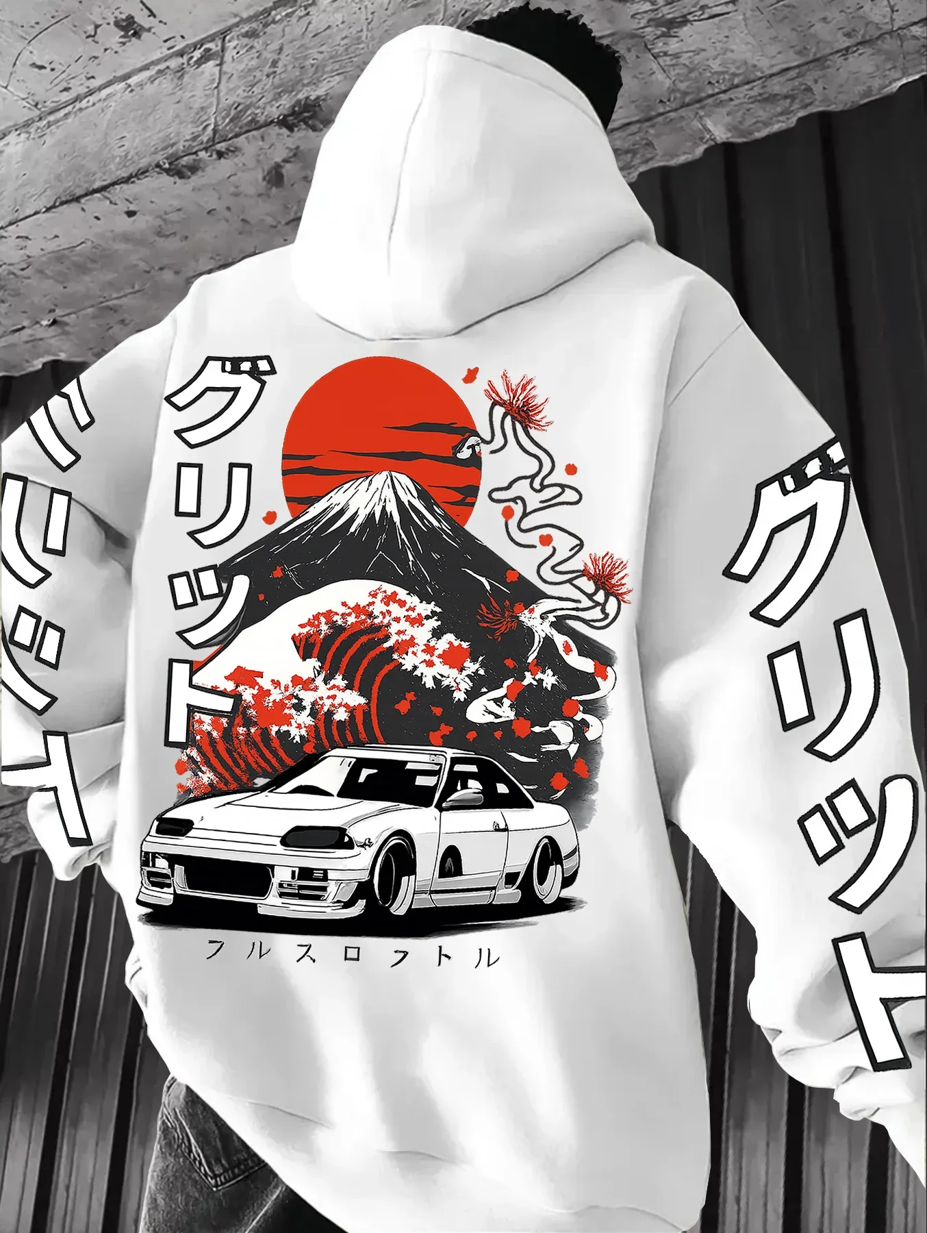 Men JDM Car Hoodie Japanese Fuji Mountain Wave Racing Vehicle Graphic Print Loose Fit Streetwear Pullover Sweatshirt Autumn