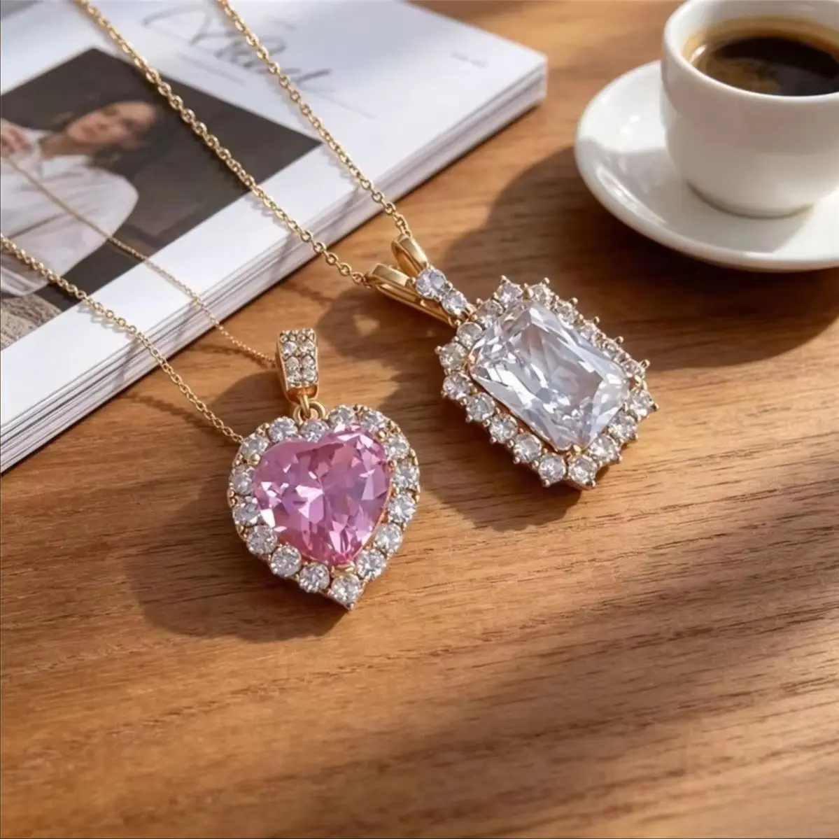 Luxury Elegant Ocean Heart & Emerald Rectangular Zircon Pendants Brass Base 14K Gold Plated For DIY Handmade Jewelry Accessories