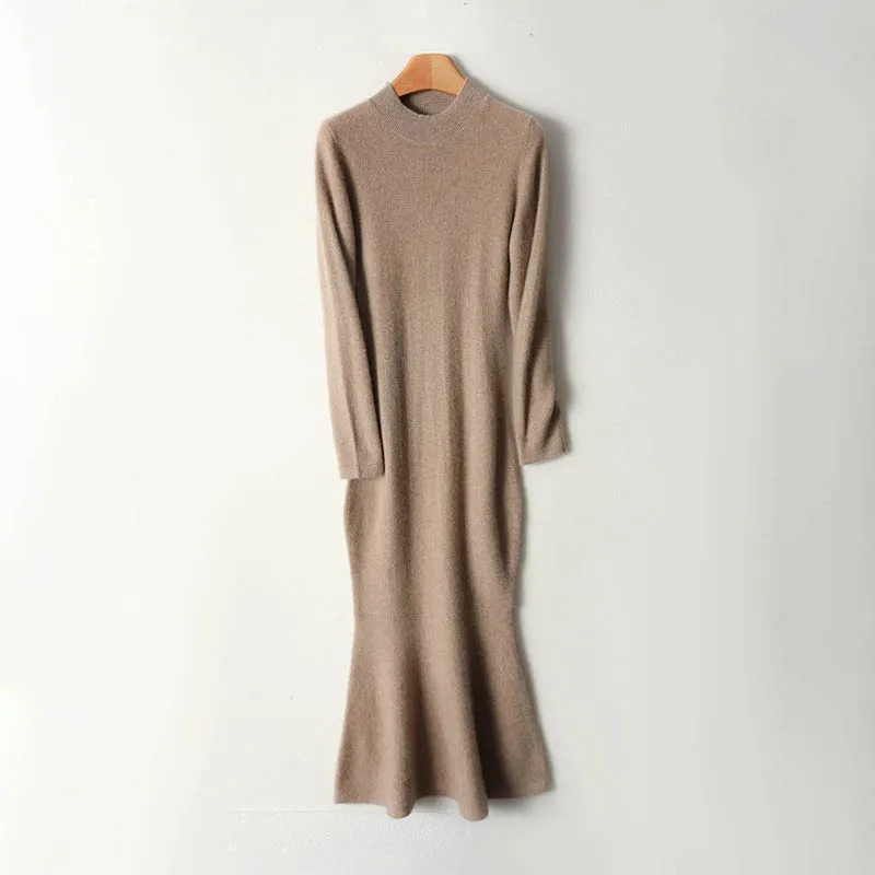 

Осенне-зимнее женское шерстяное длинное трикотажное платье с полувысоким воротником, однотонная юбка «рыбий хвост», высокоэластичная удобная длинная юбка