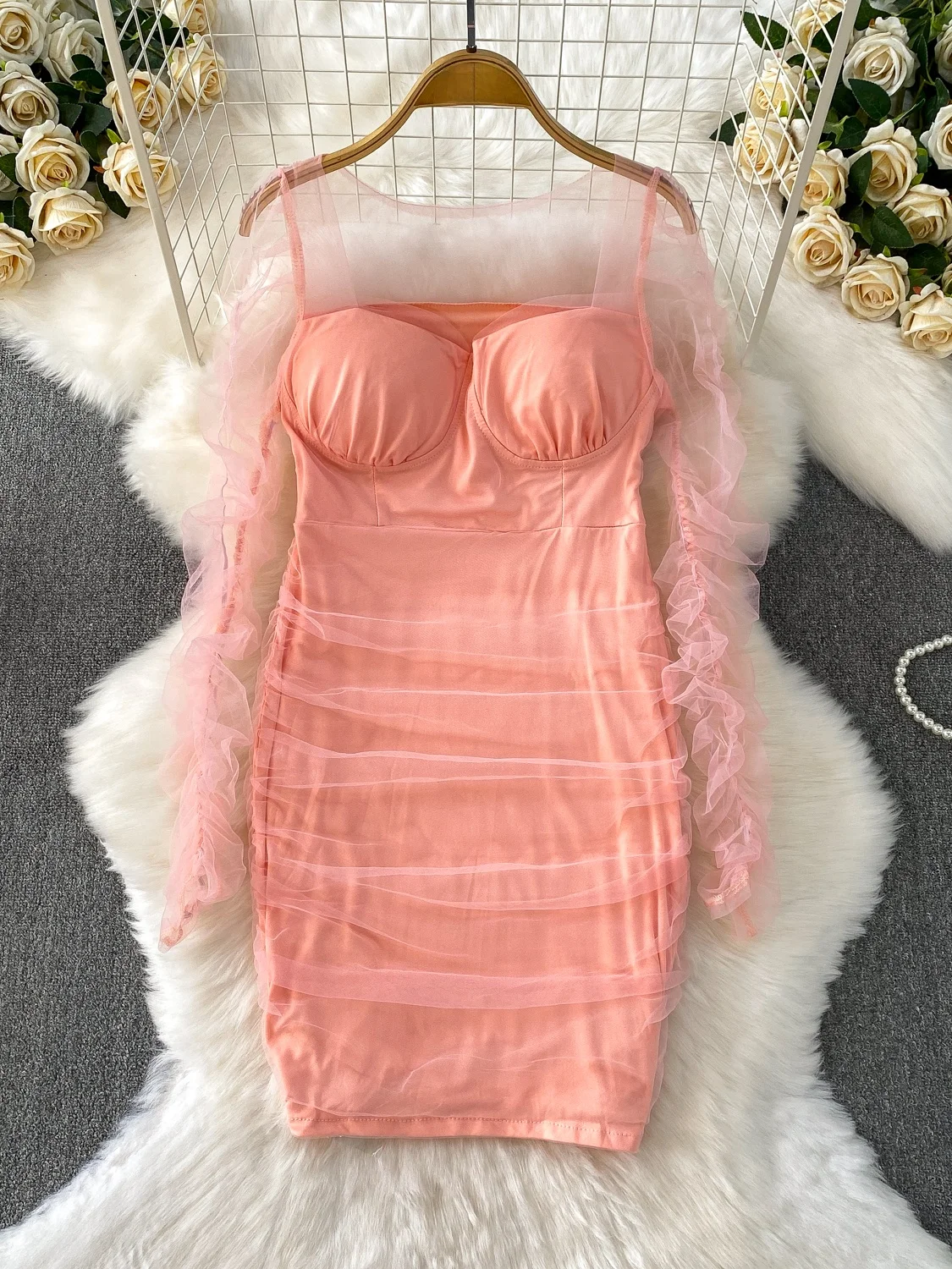 E vestido de malha de manga crida de cintura alta f design de verão slim-fit bodycon saia painéis transparen...