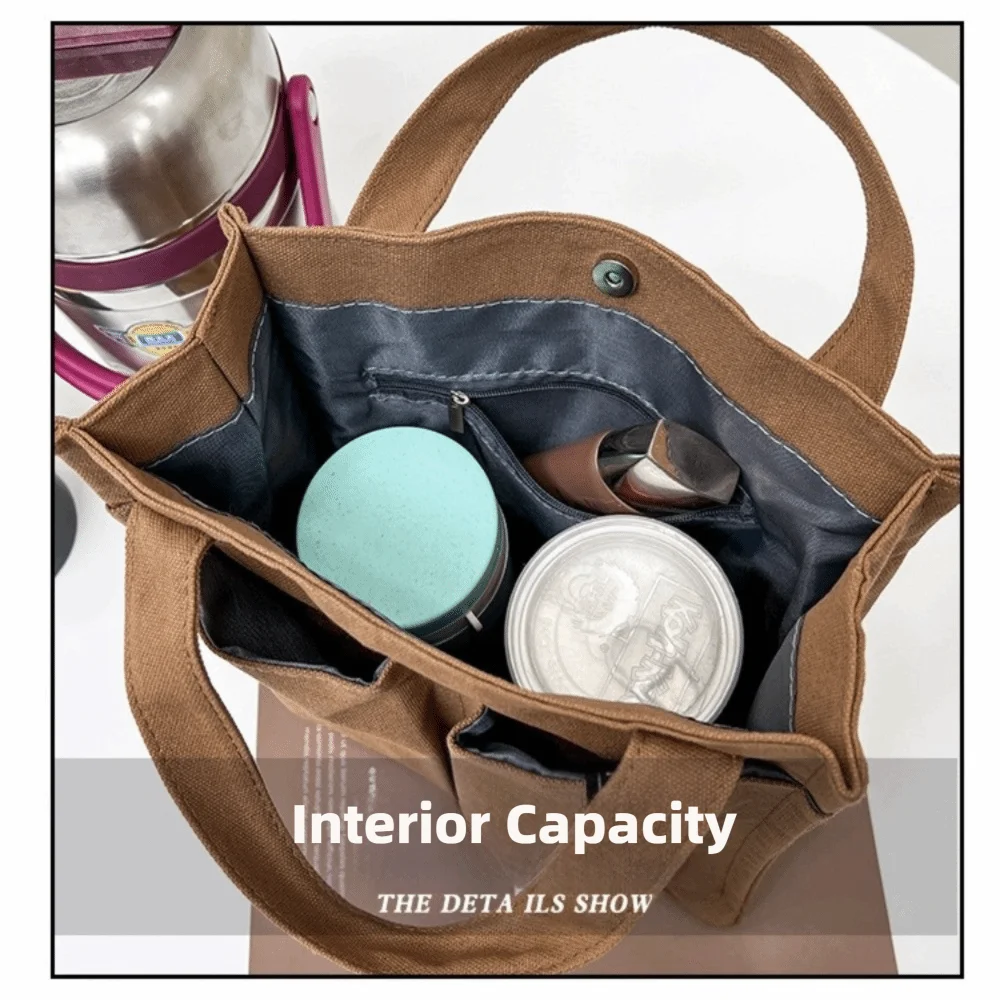 Casual Style Solid Color Canvas Handbag Multi Pocket Durable Handle Bag Eco-Friendly Lightweight Lunch Box Bag Daily Use
