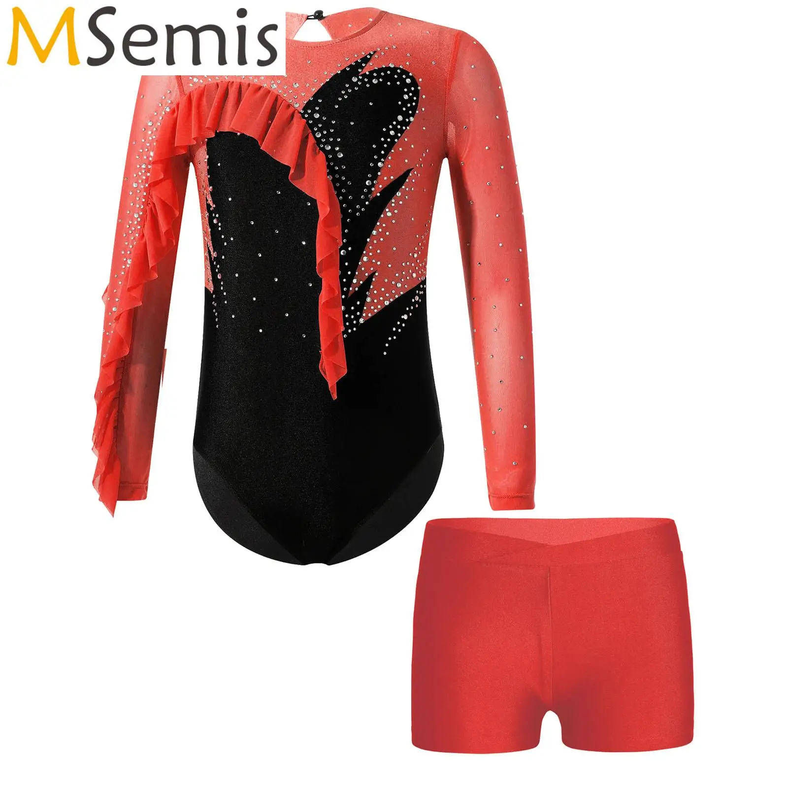 Kids Girls Gymnastics Figure Skating Ballet Dance Performance Outfit Long Sleeve Shiny Rhinestone Ruffle Leotard with Shorts