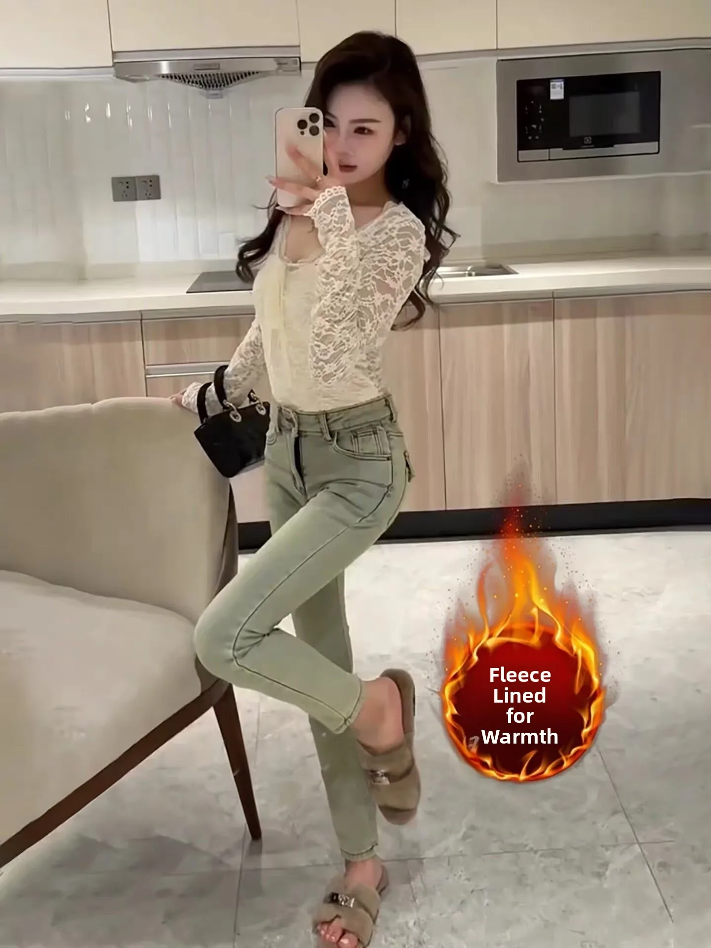 

Comfortable High Waist Fce Lined Slim Fit Jeans Women's Autumn Winter Faion Korean Sle Cotton Stretch Denim Pants