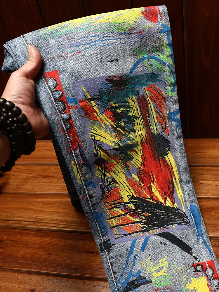 Graffiti Printing Jeans Men\'s Fashion Summer Thin Street Slim Fit Skinny Fashion Elastic Personalized Denim Trousers