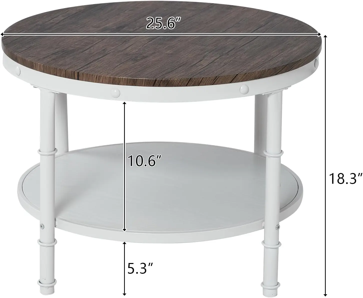 VENGLI-Round Farmhouse Coffee Table, noz escura, madeira de armazenamento de 2 camadas, Center Circle Accent Table para sala de estar, 25,6"