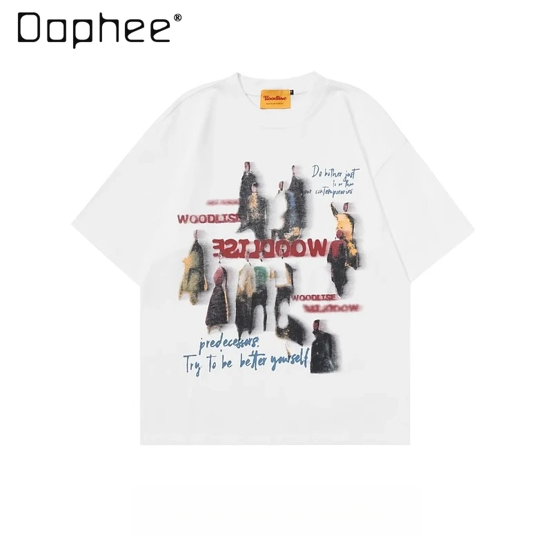 

Summer New American Retro Style Gradient Letter Print Men's Black Short Sleeve T-Shirt Loose Casual Couple White T-Shirt