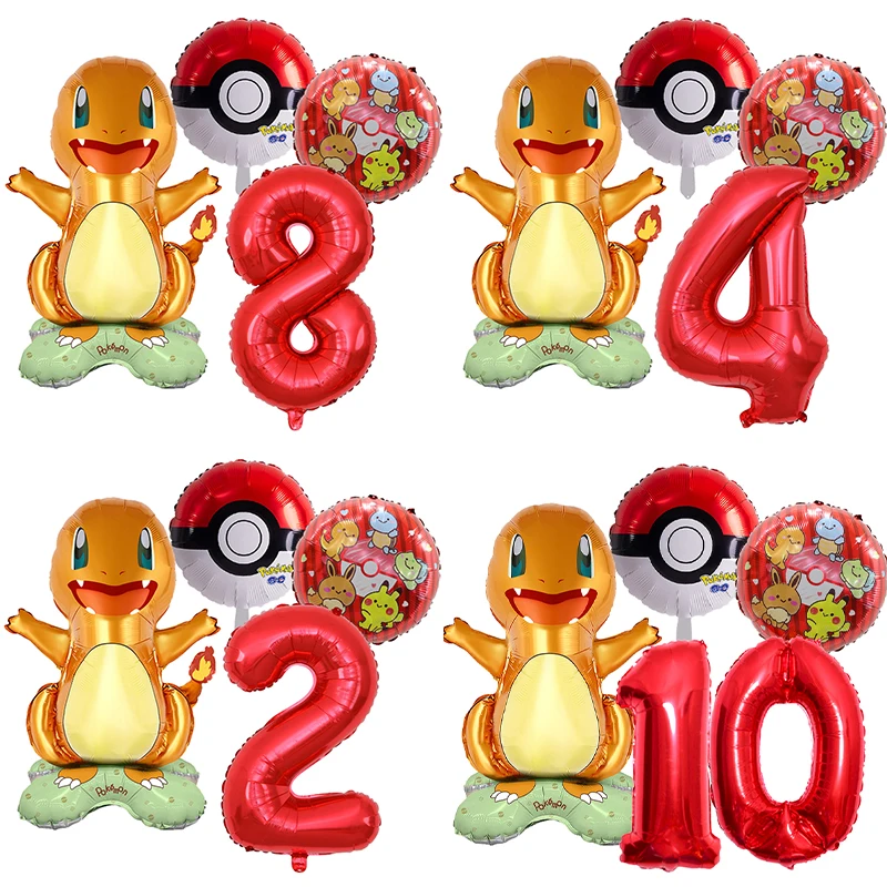Cartoon Charmander Pikachu Kinder Geburtstagsdekoration Pokémon Anime Zahlenballons Set Jungen Mädchen Party Zubehör Dekorativ