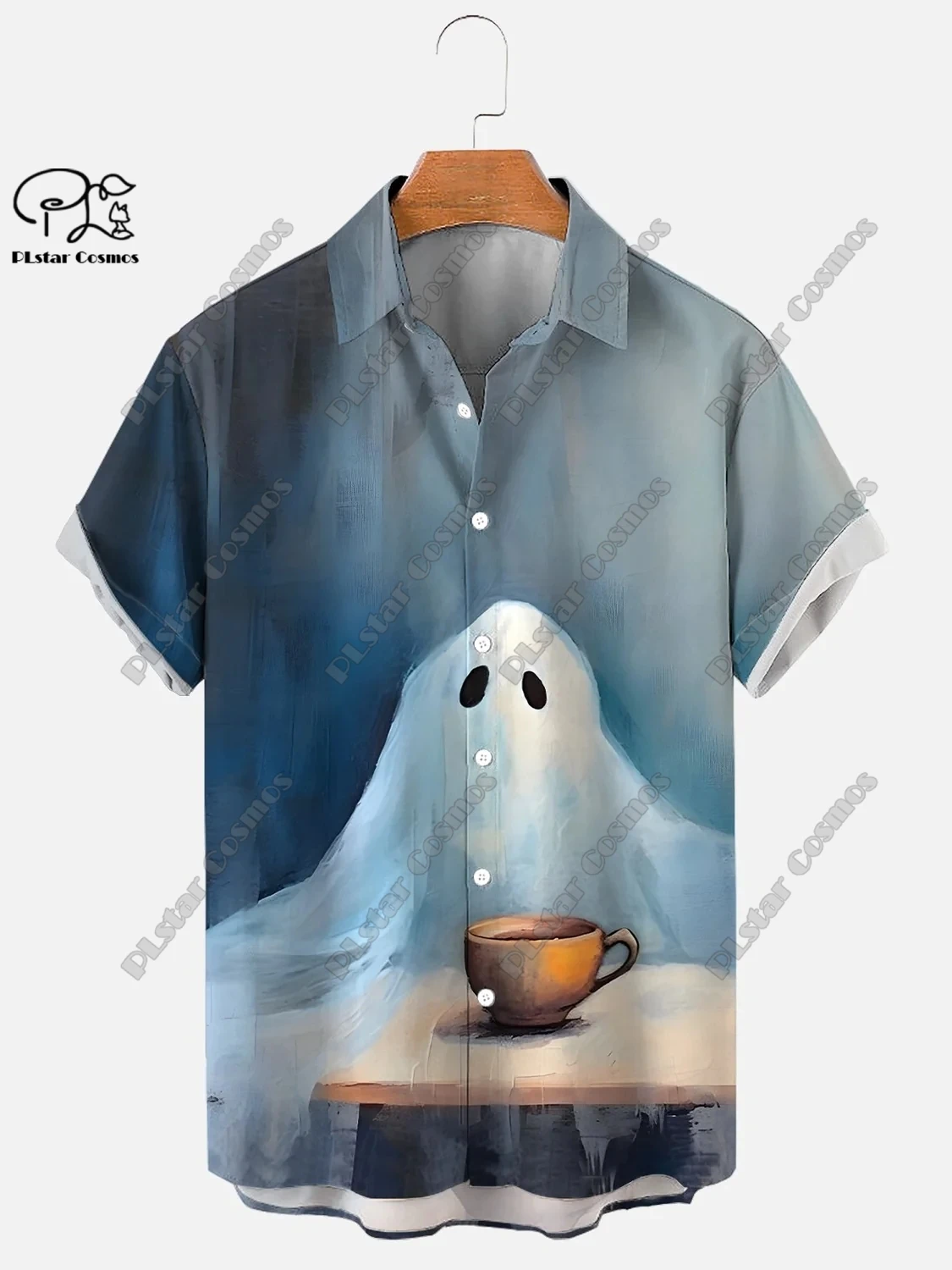 Unisex assustador fantasma havaiano camisa, impressão 3D, halloween, manga curta, grandes dimensões, presente de verão, YL-1, 5XL