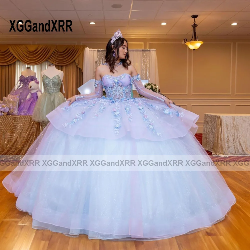 Vestido De baile De manga larga para quinceañera, traje azul claro, capa Floral 3D, México dulce 16, 15 Años De cumpleaños, 2024