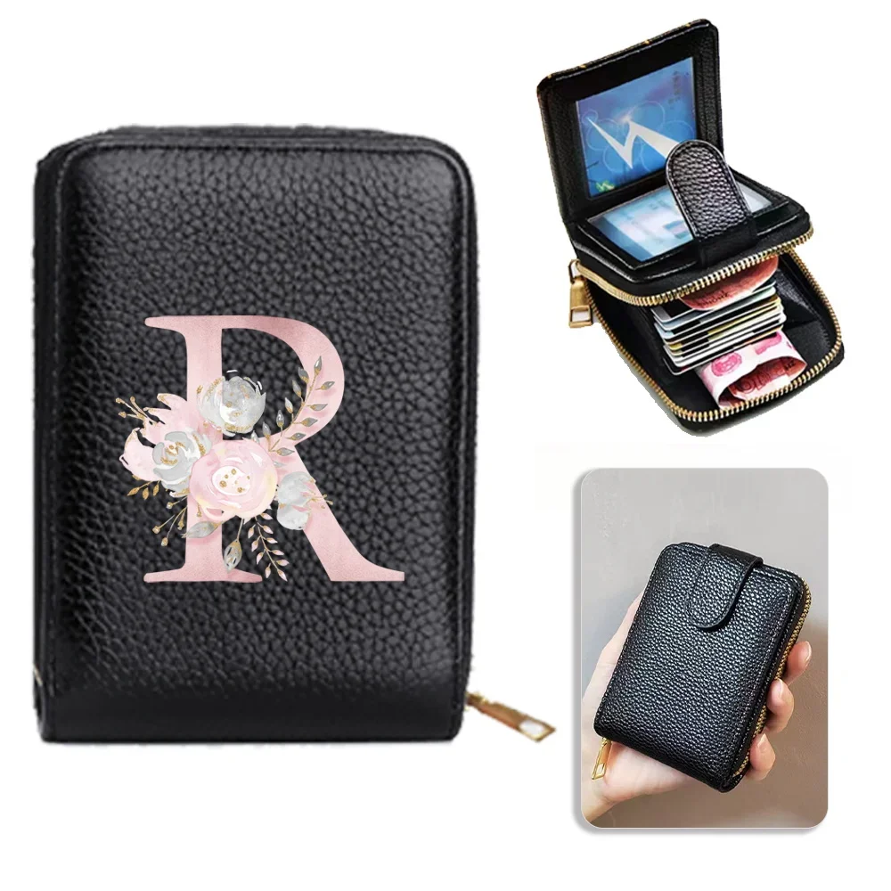 Wallet Women Zipper Credit Card Holder Rfid Blocking Pocket Purse with ID Window Female Coin Purse Fashion Pink Flower Pattern