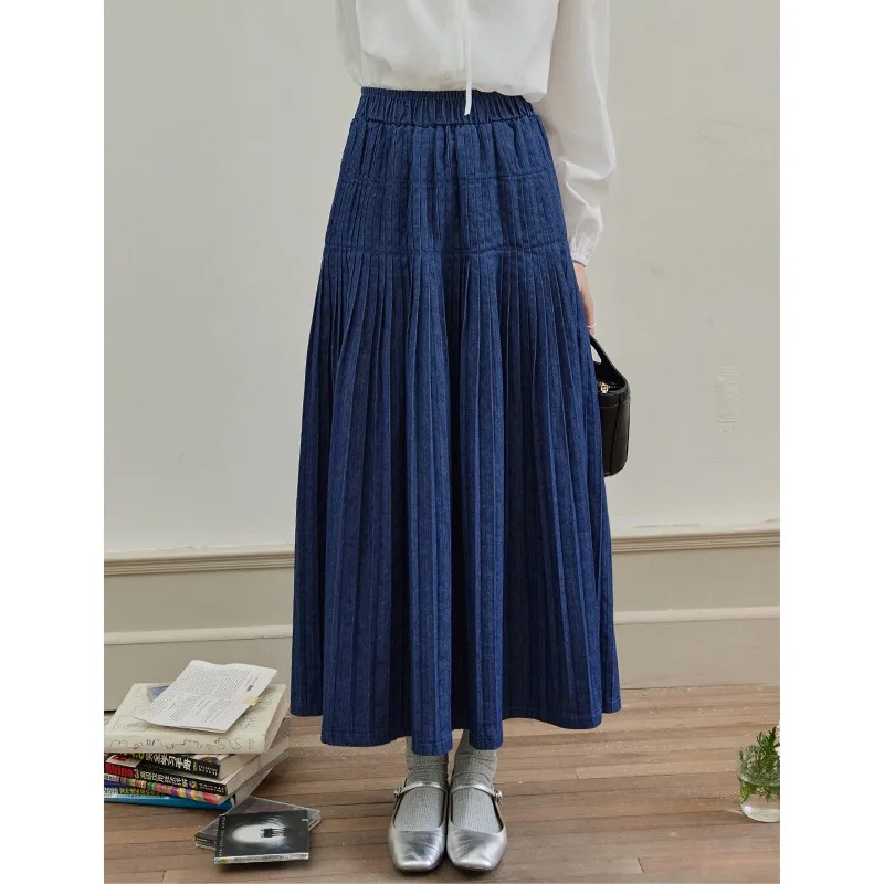 

2024 New Pleated Denim Skirt Women Design Sense Solid Versatile A-line Skirt Preppy Style Casual Loose Skirt Female