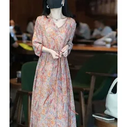 Korean Temperament 2024 Summer New Women's A-Line Dress V-Neck Printed Drawstring Elegant Loose Three Quarter Casual Long Dress