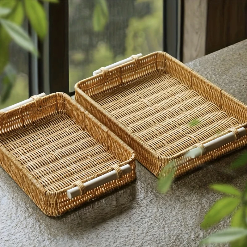 Natural Rattan Foods Tray With Handles Picnic Bread Snack Plate Fruit Cake Sundries Box Handwoven Rattan Saucer Storage Baskets