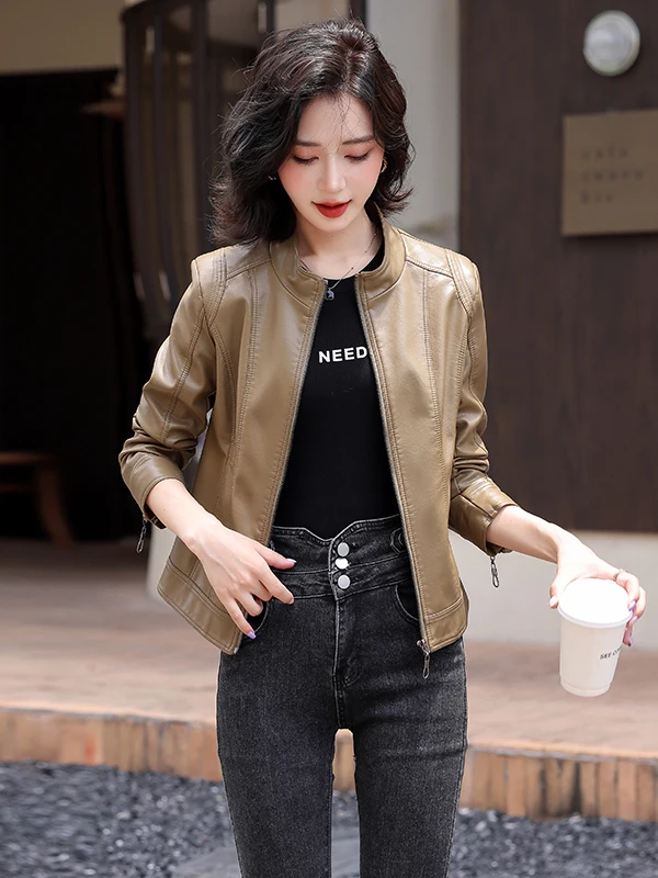   Ning 本革ジャケット レディース ショートスリーブ 2025 新作 春秋 ファッショナブルな大きいサイズ スタンドカラー シープスキンコート