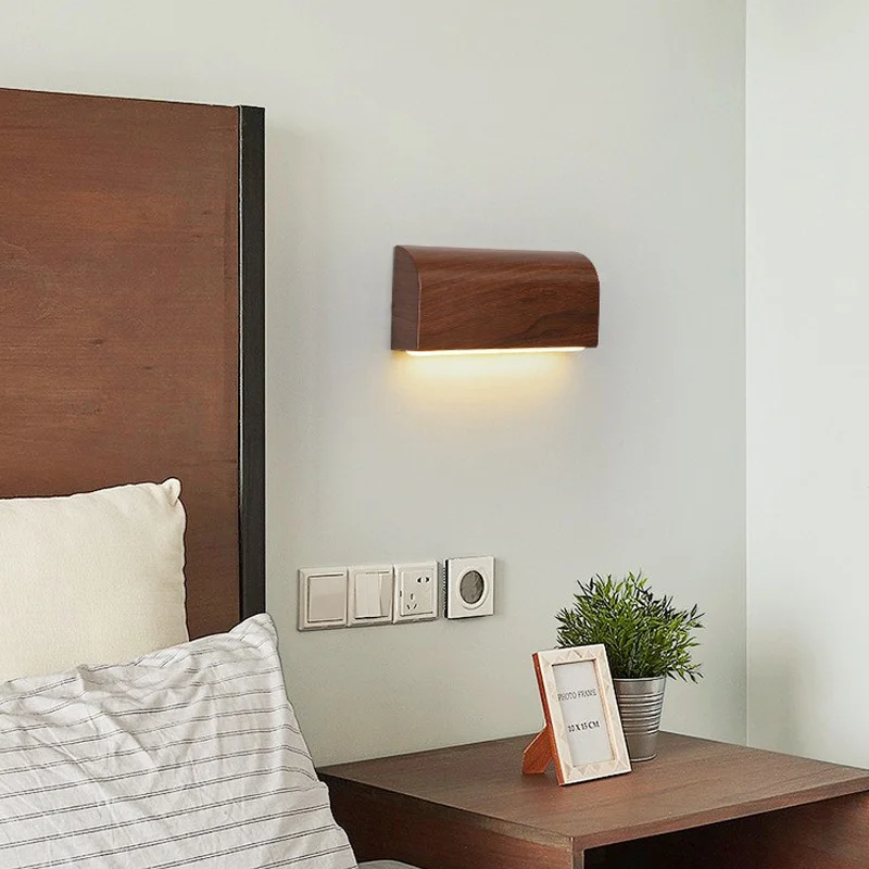 Nordic Style Living Room Wall Light Indoor Corridor Aisle Minimalist Walnut Wood Color Bedside Wall Lamp Dimming Fixture
