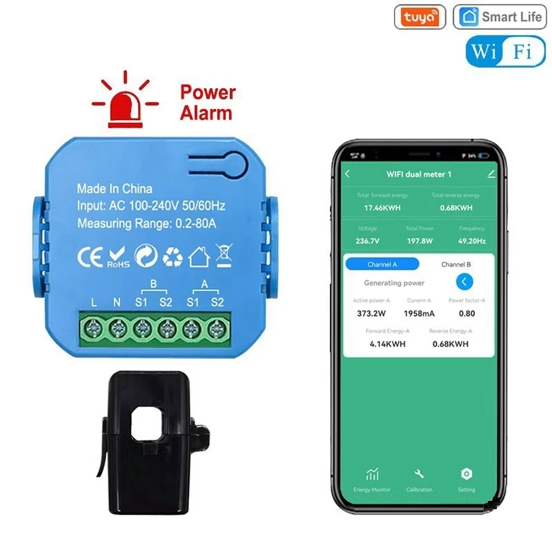 Tuya WIFI Smart Energy Meter Bidirectional With Transformer Clamp App Monitor Power 80A Support Alarm-AC37
