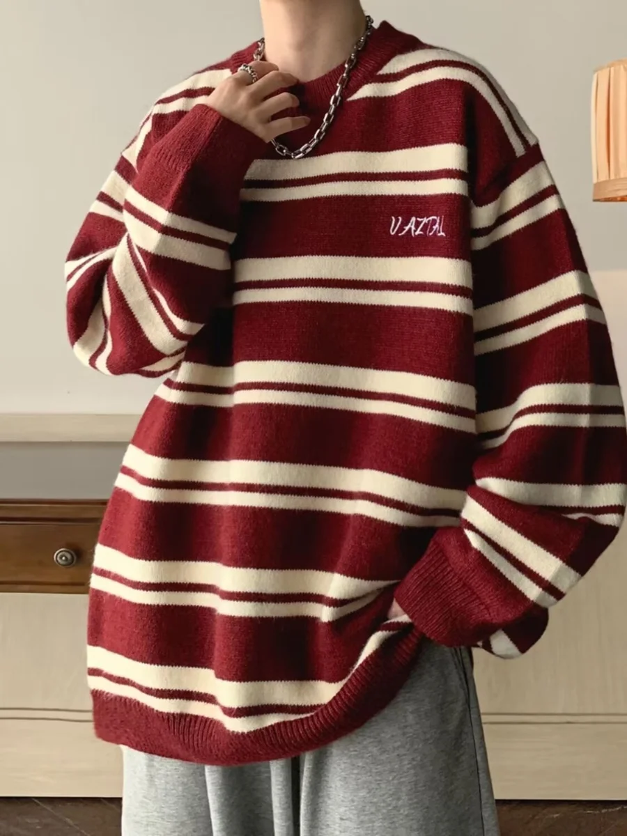Men's Stripe Knitwear Loose Fit American Style Lazy Casual Winter New Arrival Fashion Retro Sweater round Neck Long Sleeve