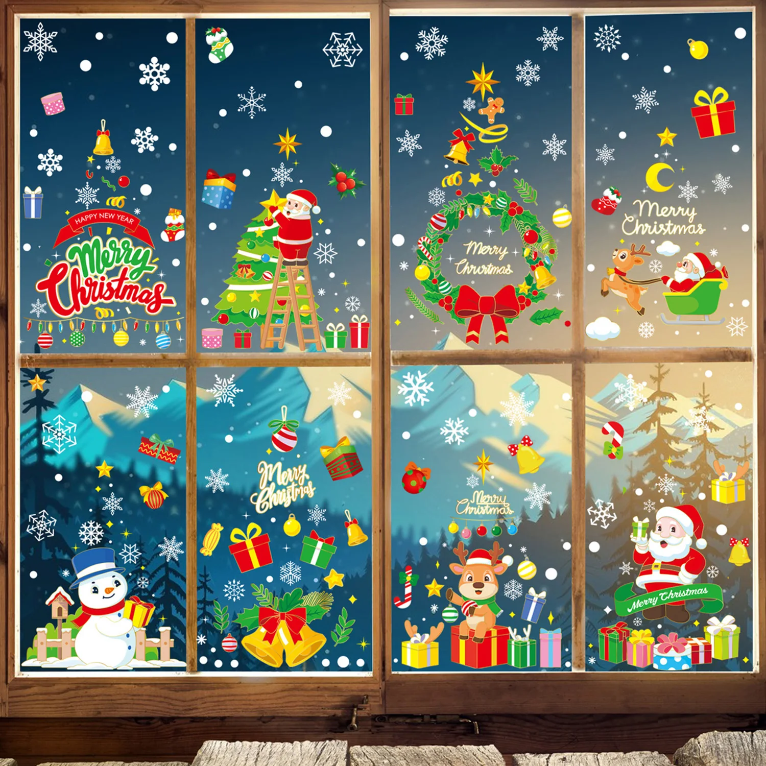 Autocollants de fenêtre de décoration de Noël, wapiti de dessin animé, père Noël, bonhomme de neige, autocollants de miroir de Noël, joyeux Noël, nouvel an, 2025
