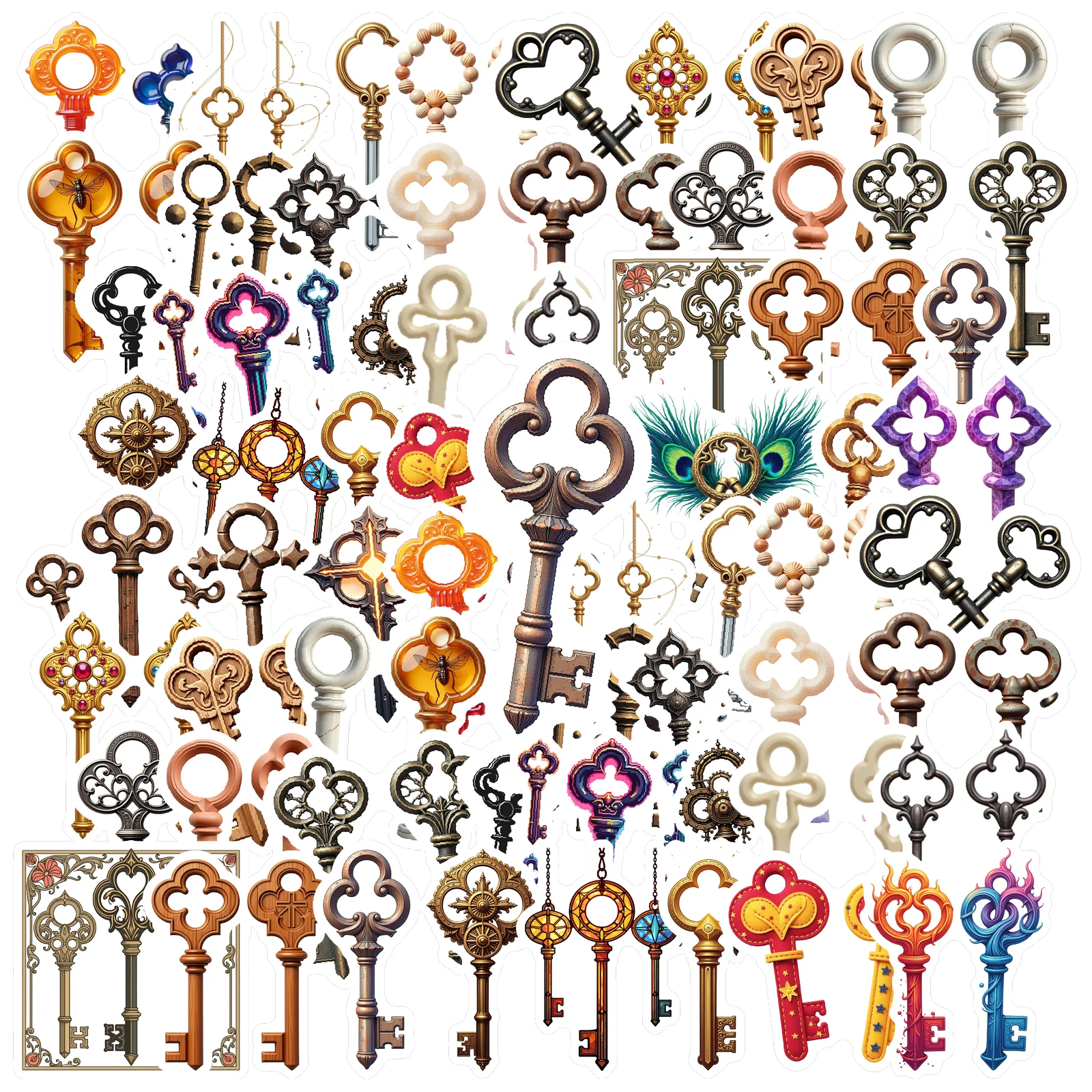 35pcs-100pcs Delicate Stickers Classic Teacher Reward Stickers Antique Key Stickers For DIY Phone Laptop Scrapbook Bike Guitar