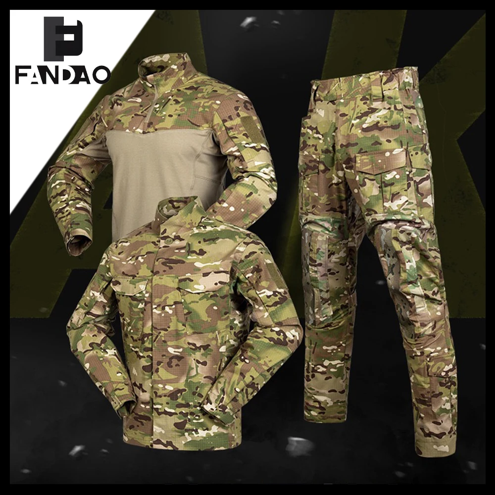 Men's Camo Tactical Uniform Spring Autumn Cycling Sports Training Clothes Long Sleeve Three-Piece Set for CS Airsoft Paintball