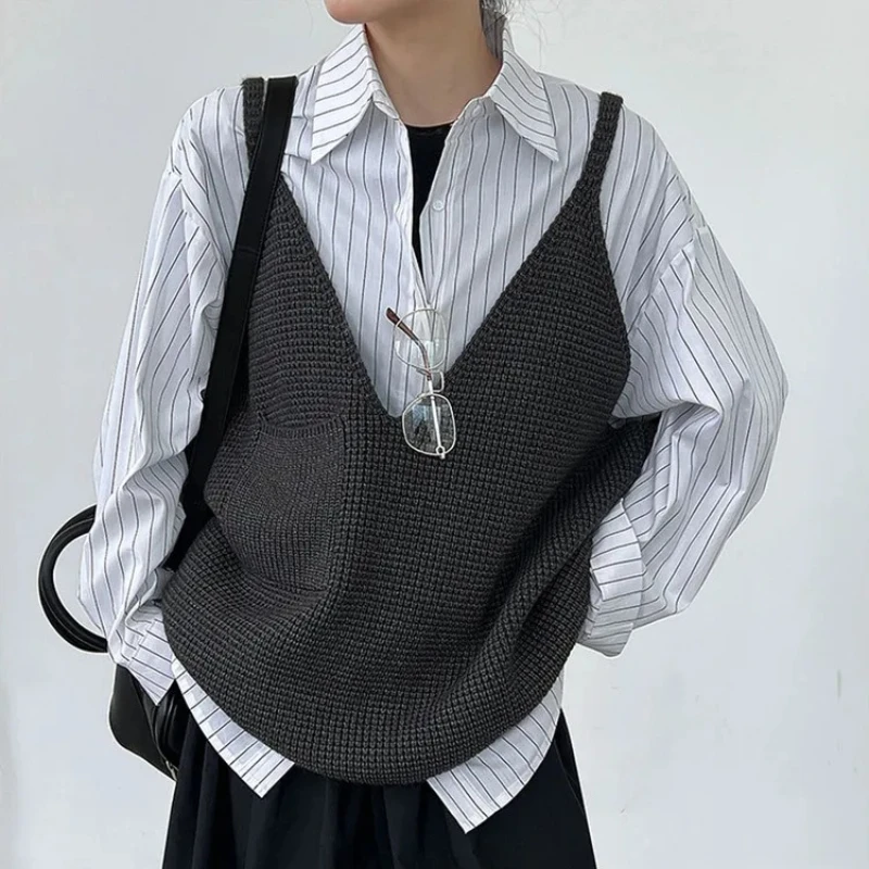 

Свитер без рукавов с v-образным воротником, модный весенне-осенний свитер, жилеты, женский черный, серый, короткий, большой размер, повседневный вязаный жилет, новый