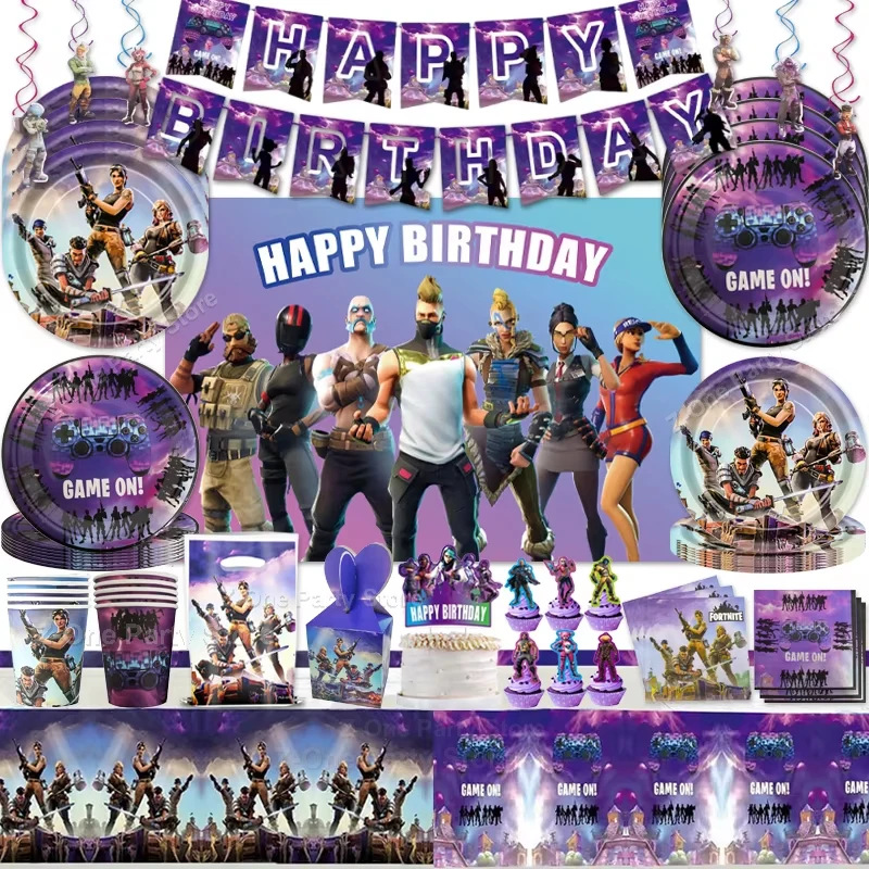 Hot Shooting Game Fortnition Plate Cup Kit Kids Gift Boys Birthday Party Decoration Sticker Cake Topper Candy Bag Baby Shower