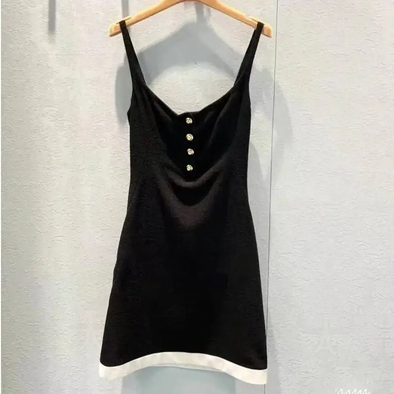 

Sexy Woolen Slip Mini Dress Black Thin Backless Elegant Women Slim Dresses Vintage Patchwork Design Evening Dresses 2023 New