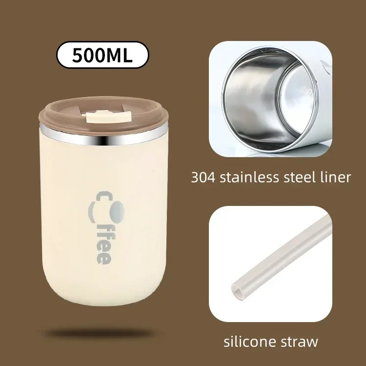 Stainless Steel Thermos Cups Coffee Thermal Mug with Straw Leak Proof Travel Car Double Layer Insulated Milk Tea Water Bottle