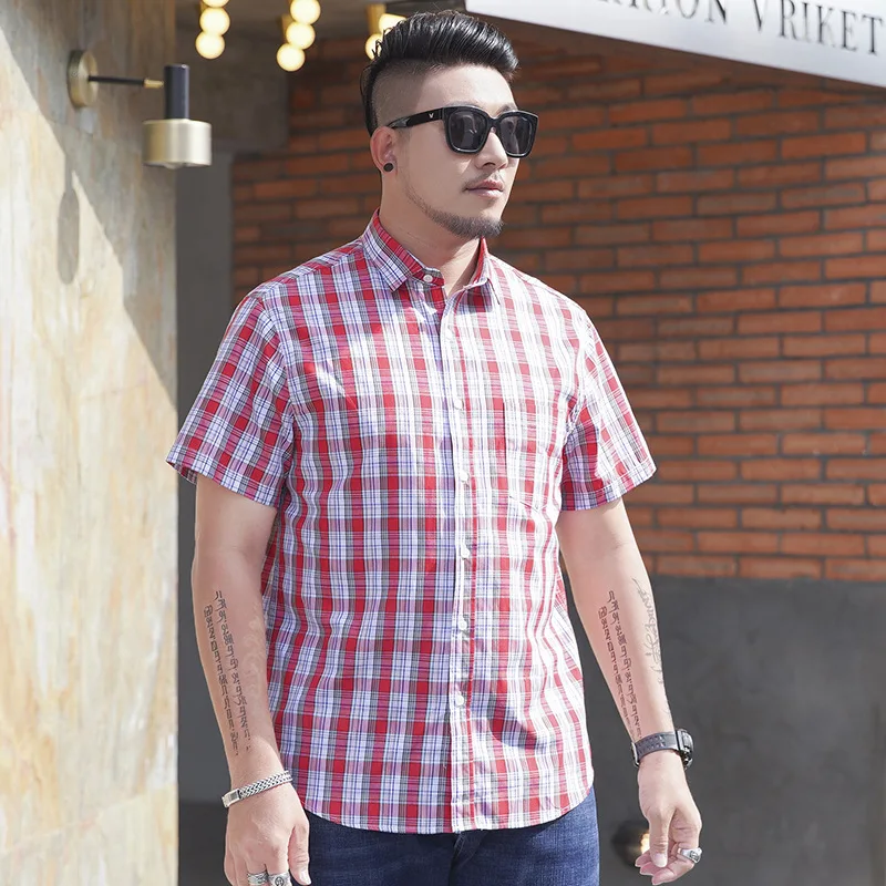 Summer Men's Short Sleeve Shirt Plus Size Loose Business Casual Color Woven Checkered Shirt