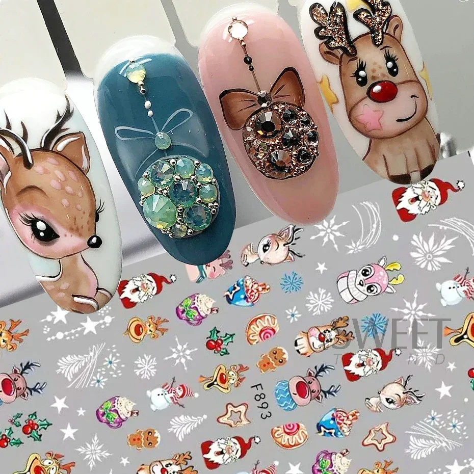 Autocollant de manucure pour ongles, dessin animé joyeux noël, mignon père noël cerf bonhomme de neige, décalcomanies de noël, feuilles du nouvel an 2024, accessoires et fournitures