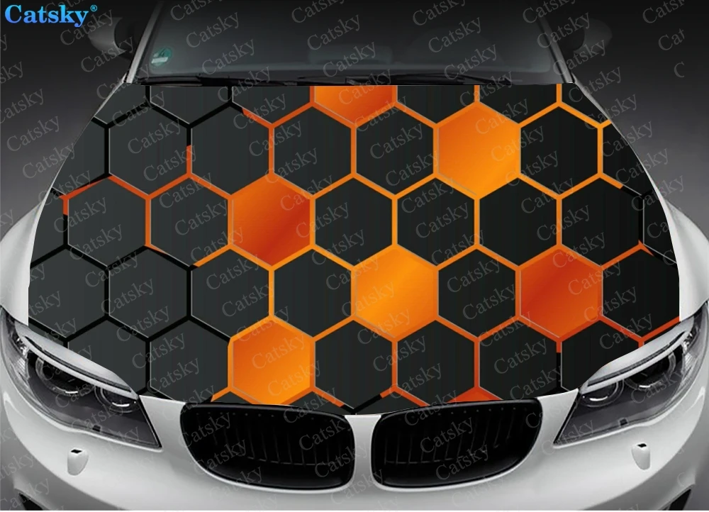 Orange Hexagon Honeycomb Car Accessories Hood Vinyl Stickers Wrap Engine Cover Decal Sticker Universal Car Protect Film Decor