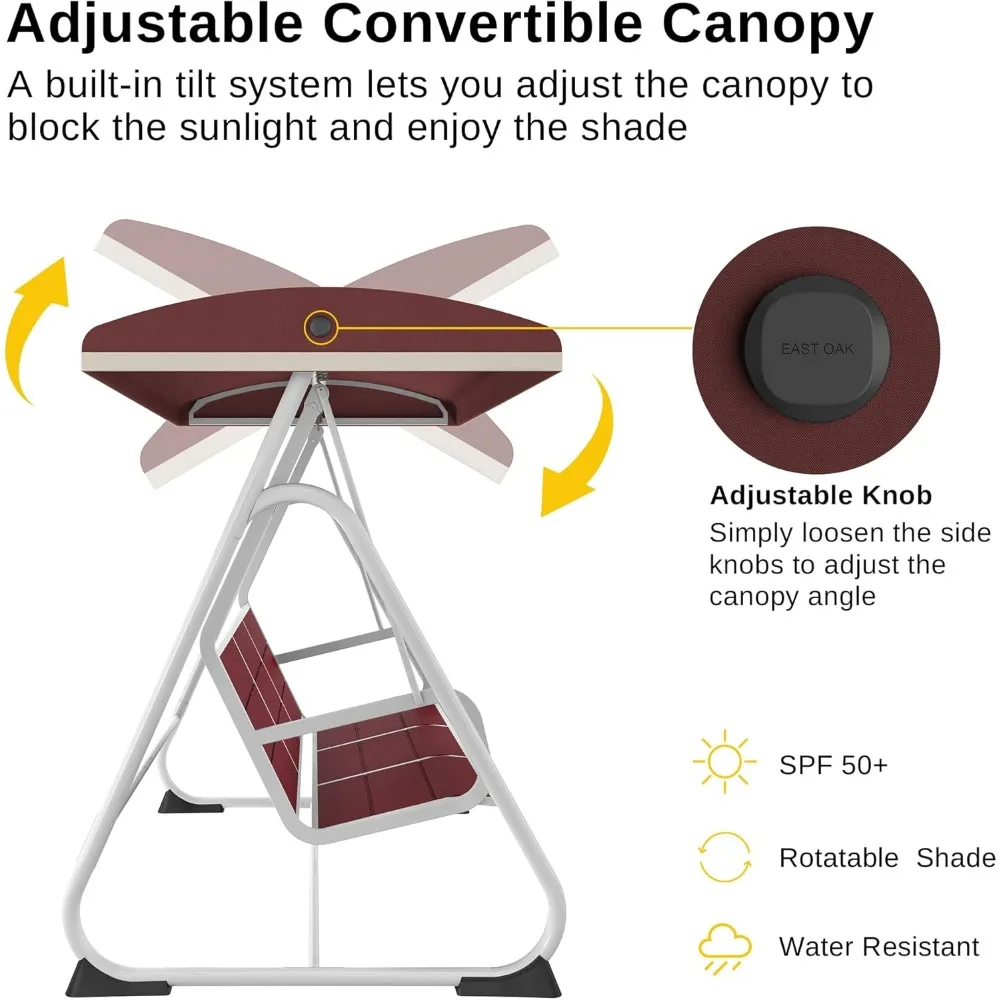 3-Person Outdoor Patio Swing Chair with Adjustable Canopy, Porch Swing with Comfortable and Breathable Seats, Outdoor Swing Cha