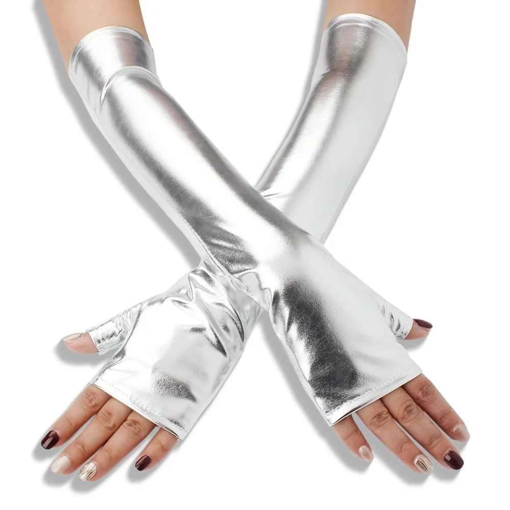 1 Pair Glossy Finish Fingerless Gloves Punk Style Thin Performance Gloves Girl's Sleeve Set Imitation Leather
