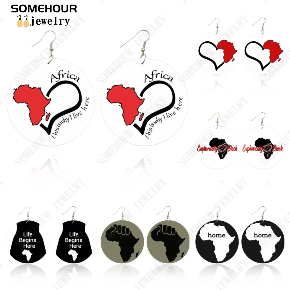 SOMEHOUR Africa Mainland Map Design Women Wooden Drop Earrings Life Begins Here Power Fist Print Wood Pendant For Blacks Gifts