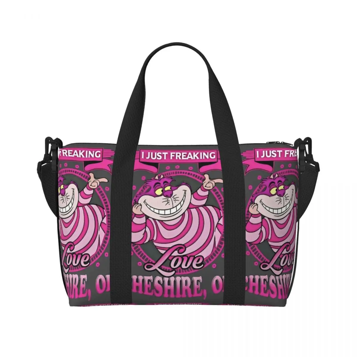 

Custom Cheshire Cat Beach Tote Bag Women Extra Large Gym Carry On Cartoon Animal We're All Mad Here Smile Travel Shopping Bags