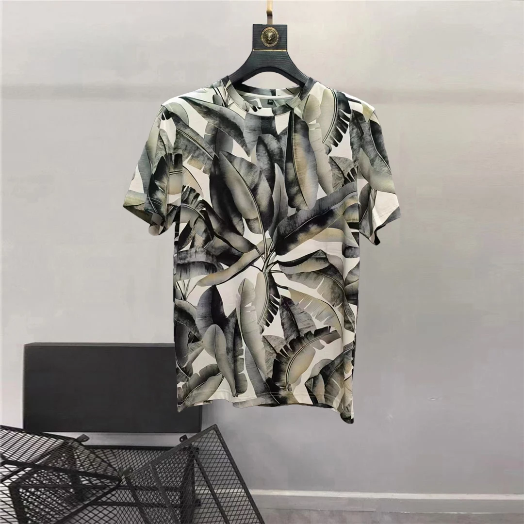 Europe and the United States men's 2024 winter new Short sleeve round neck banana leaf print Fashion T-shirt