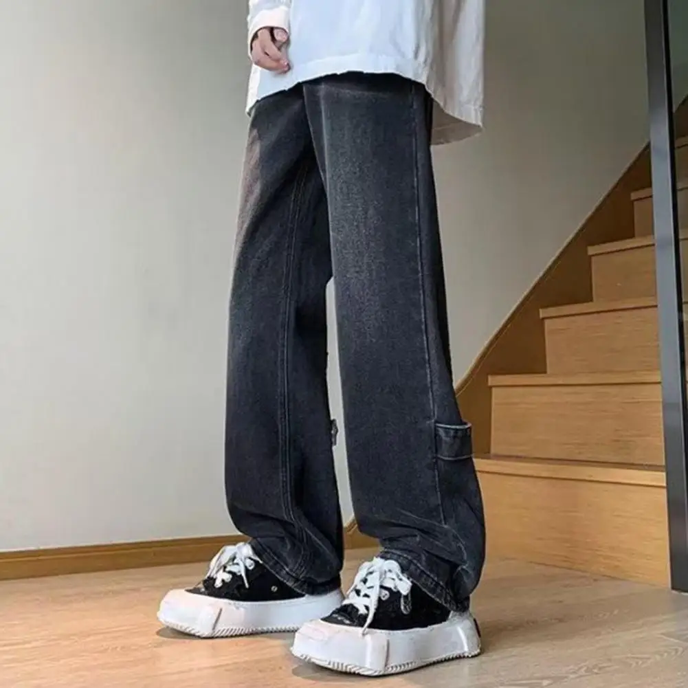 Mid Waist Jeans Retro Style Jeans Vintage Wide Leg Men's Zipper Decor Solid Color Pockets Hip Hop Men Casual Pants Streetwear