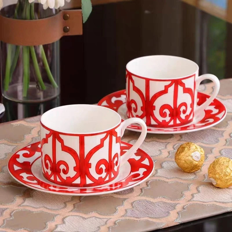 

Vintage Bone China Coffee Cup Double Saucer Set Ceramic Cup for Home Afternoon Tea Couple Mug Pair Gift Idea