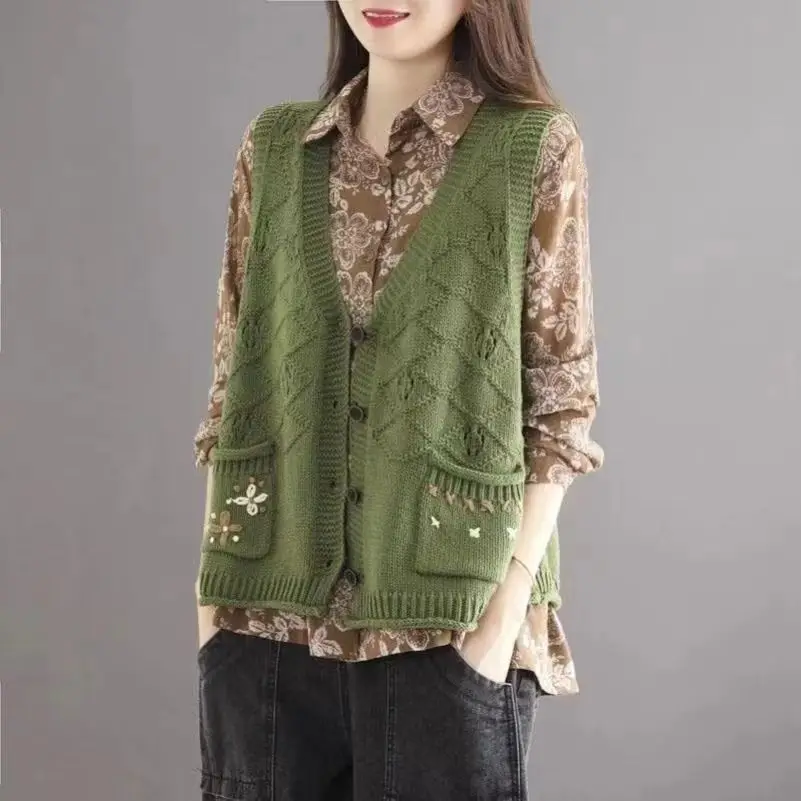 Knitted Vest Cotton Thread Loose Fit Large Size New Embroidery Mm Retro Patchwork Artistic Cardigan Thin Cut Hollowed Out Vest