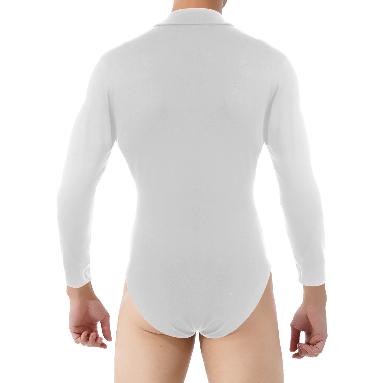 Mens Casual Leotard Long Sleeve One-Piece Undershirt Mock Neck Solid Color Press Button Crotch Bodysuit Unitard Romper Sleepwear