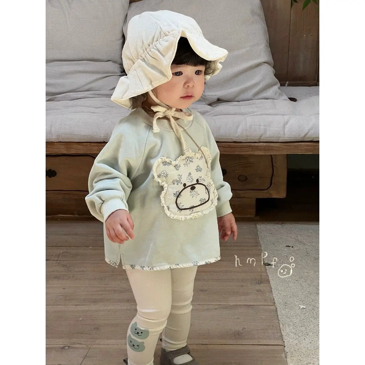 Baby Clothes Autumn Baby Floral Patch Bear Sweater Green Bear Leggings Cute Long Sleeve Outing Clothes Sweatershirt