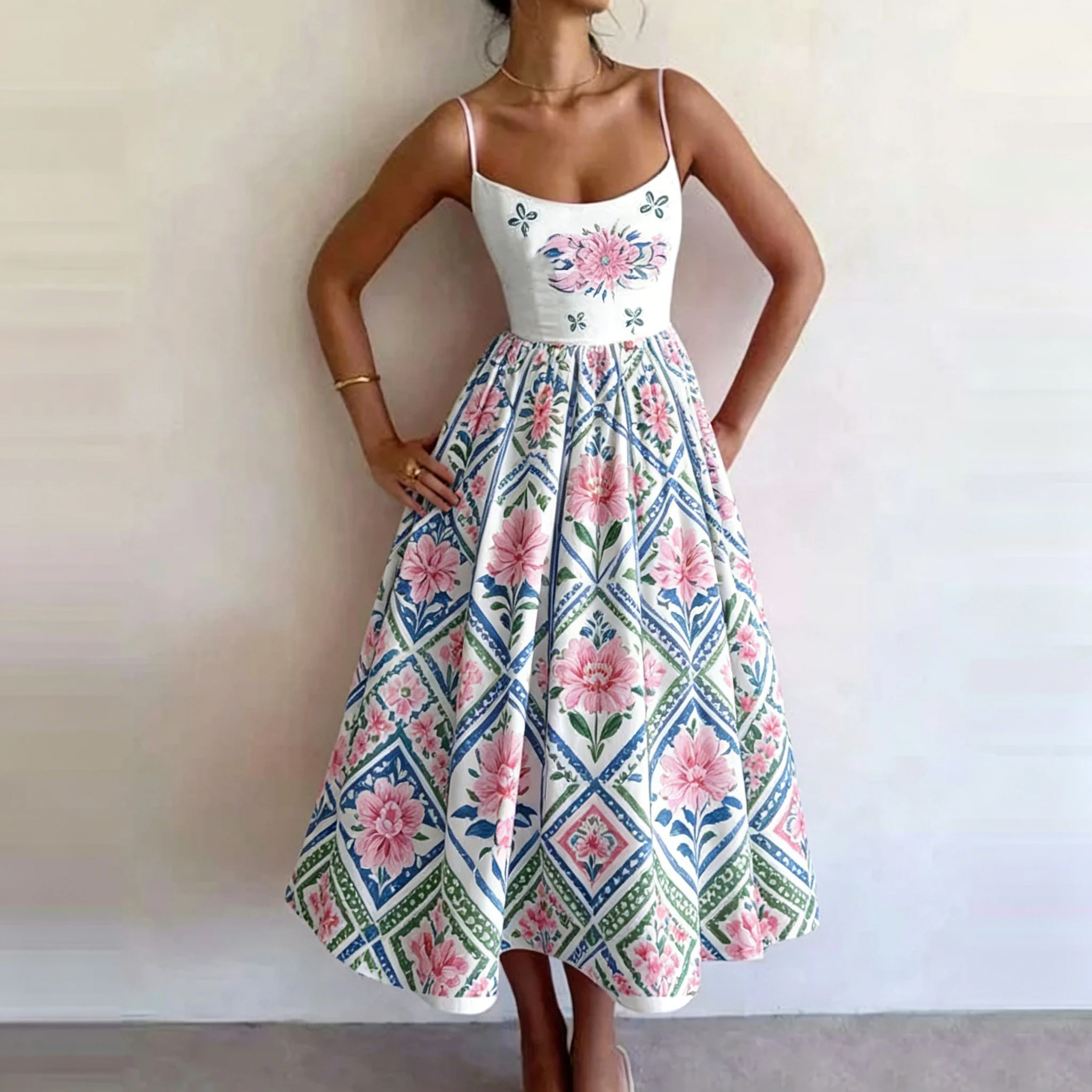 

Women's Summer Geometric Floral Tile Print Spaghetti Strap Midi Dress High Waist Casual Elegant Retro Cottagecore A-Line Dresses