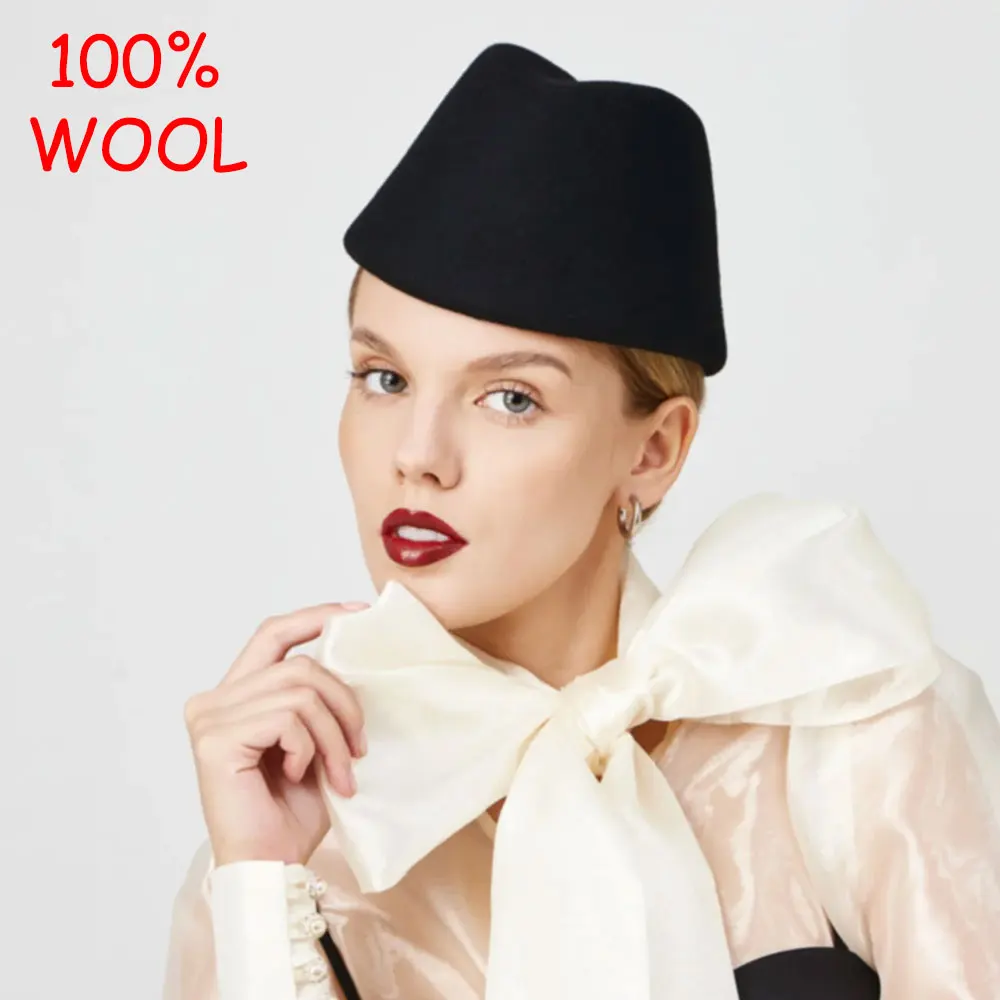 Vintage 100% Wool Russia Hardtop Flight Attendant Pillbox Hat Winter Women Fashion Show Wedding Cocktail Berets Fedora Wholesale