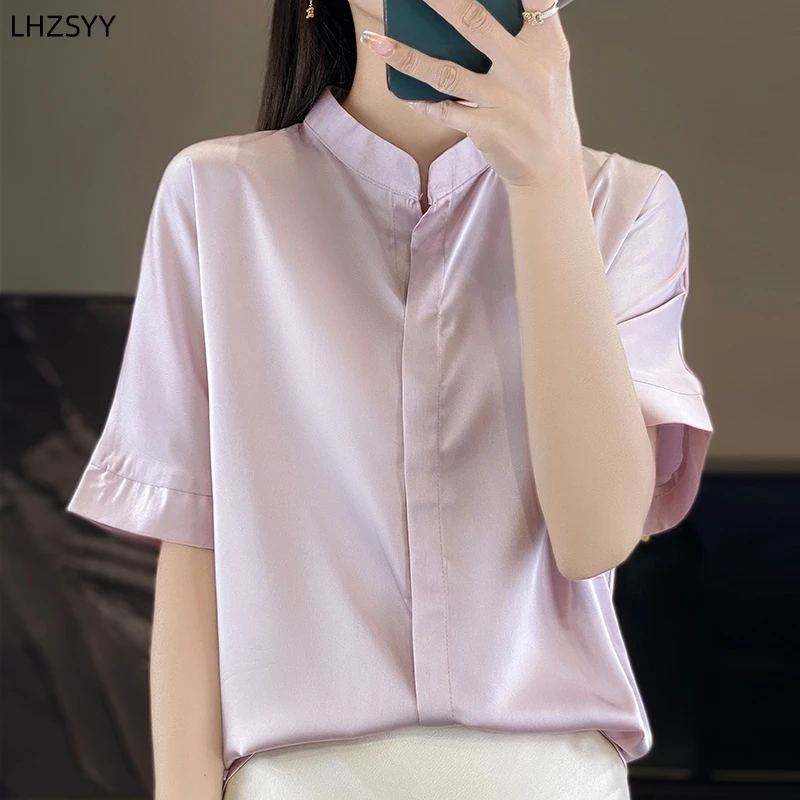 LHZSYY Summer 2024 Silk Satin Short-Sleeved Shirts Ladies Stand-up Loose Jackets T-Shirt Solid Casual Wild Silk Cardigan Blouse